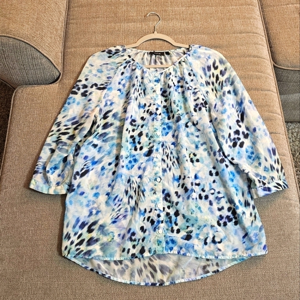 Apt. 9 Blue White Watercolor Sheer Abstract Work Office Top Size Large Petite